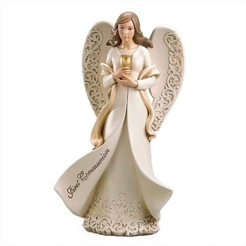 9.inH Holy Communion Angel Holding a Chalice.  First Communion is written on the fold of angel's dress.  Made of a resin/stone mix. 