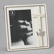 Confirmation Frame from the Caroline Collection.  This 7.25"H white and silver frame holds a 4" x 6" photo. There is a white cross with a silver dove that adorns the one side of the frame. The Confimation Frame is made of a zinc alloy-lead free. 

 