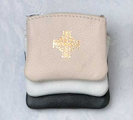 Rich, soft leather rosary case with gold, hot stamping. Rosary case is lined and has a zipper closure. rosary case measures 3″x 2½”. Black, White or Beige