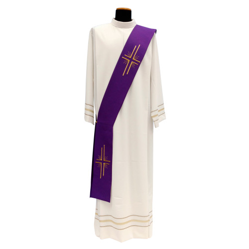 Deacon Stole sewn in soft lightweight Primavera fabric (100% polyester) with gold embroidery. Deacon Stole Measures in Length: 55", Width: 5".  Available in white, red, green, purple and rose. Made in Italy