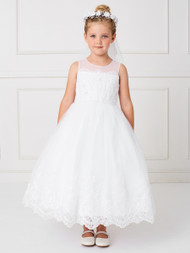 This First Communion dress features a sleeveless style paired with an illusion neckline and lace hemmed skirt. Order yours now from St. Jude’s Shop! 
Sleeveless
Lace Hem
Illusion Neckline
Rhinestones on Bodice
This gorgeous girls dress is made of pure elegance for the holiness of the First Communion. With a sleeveless style, paired with an illusion neckline and rhinestone bodice, this dress is adorned with elegance to create a wonderful memory for your child and family. 
Ankle Length 
Made in the U.S.A. 
3 Dress Limit Per Order