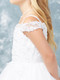 side view of close up of girls First Communion dress with off the shoulder style with lace applique 