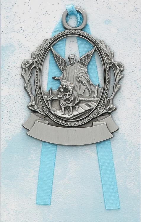 Engravable Pewter Guardian Angel Crib Medal with White Ribbon
Dimensions: 2 1/2" X 2"