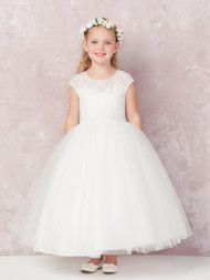 This sweet communion dress is ankle length and has an illusion neckline with lace. 
30 Day Return Police Internet ONLY!
3 Dress Limit per Order!