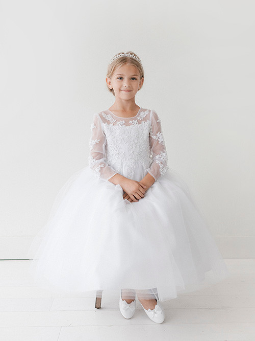 Long sleeve First Communion dress with a floral lace applique design 

