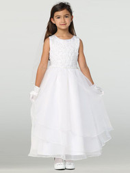  Organza communion dress with tulle bodice featuring needed embroidered applique. 
