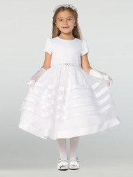 Satin Communion Dress with Organza Overlay Bodice. Dress has an Organza with satin trim skirt.   Dress is tea length. Half Sizes Available. Made in the USA. Accessories sold separately.

30 day return policy INTERNET ONLY! 3 Dress Limit per Order! 