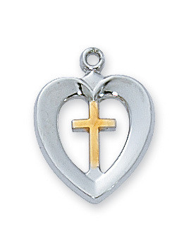Youth size two tone sterling silver and gold plate cross inside a heart pendant. Two tone medal comes on an 18" stainless steel chain. Also available in pewter, rose gold, gold over sterling silver or sterling silver. 
