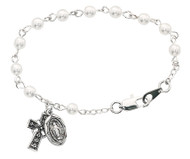 Beautiful 5 1/2" Celtic Cross baby bracelet is a great addition to the baby's christening outfit or for any occasion. Bracelet consists of 4mm Glass Pearl Beads with rhodium plated or sterling silver celtic cross and miraculous medal.  Bracelet comes in a velour gift box.