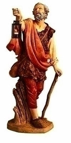 Mordecai figure leaning on a wood staff holding up a lantern. Marble Based Resin. 50"H