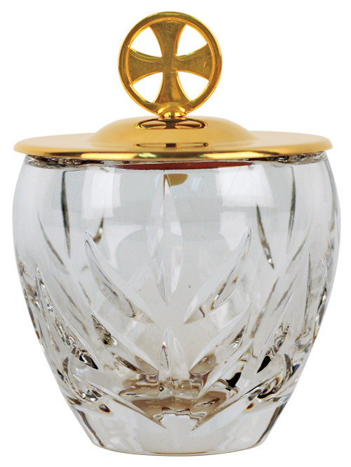 Ablution Cup. Or for the distribution of ashes. 24k gold plated cross and cover with crystal bowl. 4-3/8"H., 6 oz. cap.