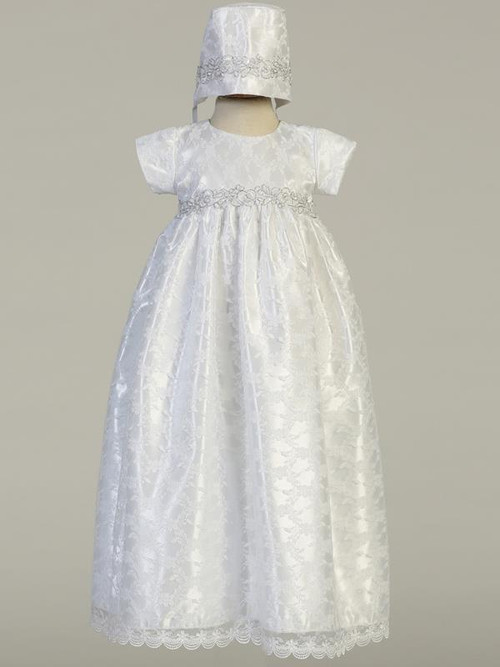 Cassandra, Lace gown with Silver Embroidered Trim Christening Dress. Made In USA