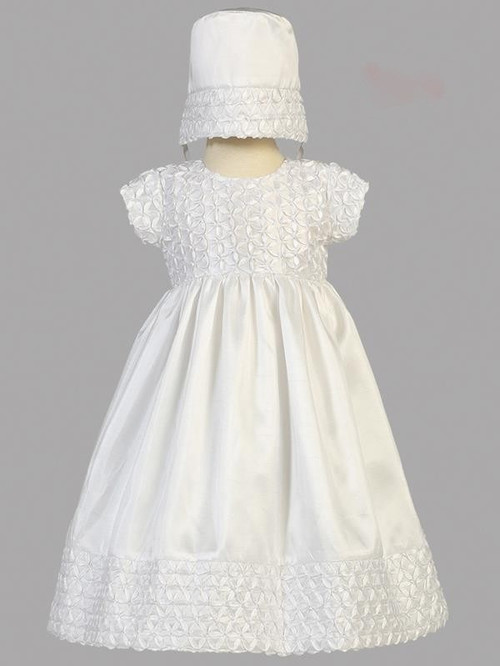 Hailey,  Ribbon Embroidered Taffeta Christening Gown with Bonnet