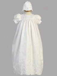 Embroidered Shantung Long Christening Gown. Bonnet included.  Made in the USA.