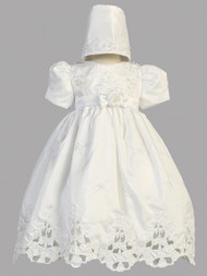 Shantung Christening Dress with Cutwork.  Bonnet included.   Made in USA. 