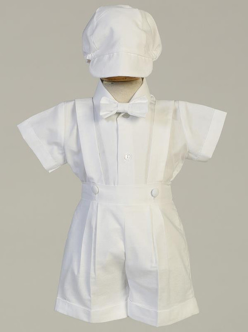 Cotton Oxford Christening Set. Blake outfit is a suspender shorts set.   Sizes : 0-3m, 3-6m, 6-12m, 12-18m & 18-24m, 2T, 3T, & 4T.  Made in USA.