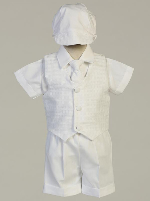 Polyester Plaid Vest and Cotton Shorts Christening Set.  Sizes : 0-3m, 3-6m, 6-12m, 12-18m & 18-24m, 2T, & 3T.  Made in USA.