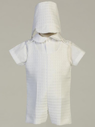 Polyester Plaid Romper Christening Set. Hat included.  Sizes: 0-3, 3-6m, 6-12m, 12-18m. Made in the USA