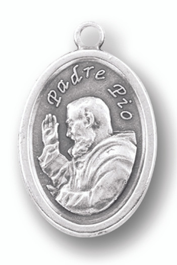 Silver Oxidized medal of St. padre Pio. Back of medal says "Pray for Us". Dimensions" 1"H x .75"W. 
