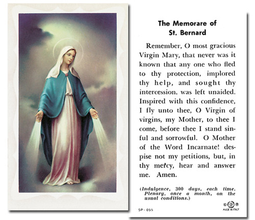  2"x4" Paper Holy Card with gold edges. OL of Grace Memorare of St. Bernard Holy Card on the back of card