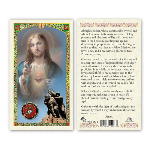 Sacred Heart of Jesus Marine Prayer Card with Marine Corp insignia in corner of card