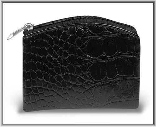Black 3.25" x 4" Crocodile Skin Pattern Rosary Pouch with Anti-Tarnish Lining. Rosary case has a zipper closure. Rosary not included!