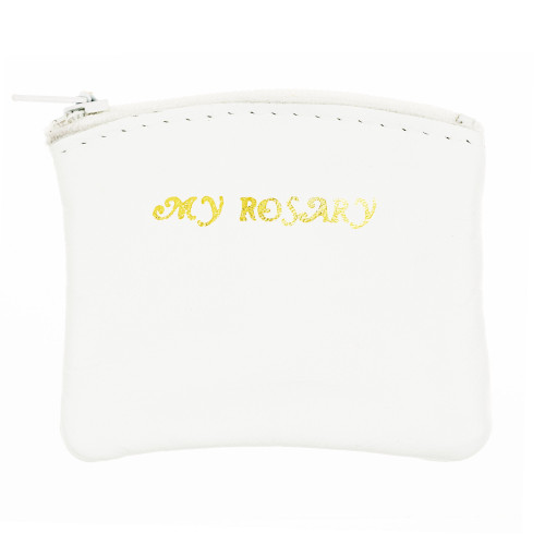 2" x 3" White Vinyl  Rosary Pouch. "My Rosary" printed on front of pouch. Rosary case has a zipper closure. Rosary not included! 