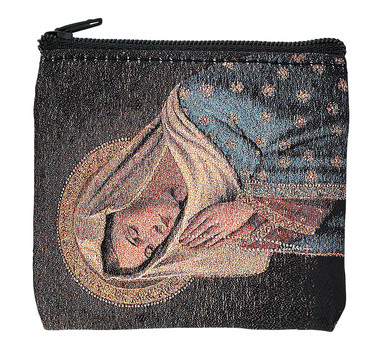 Hand Woven Praying Madonna Rosary Case. This  3.5" X 3"  praying madonna rosary case has a zipper close and an anti-tarnish lining. Rosary not included! 