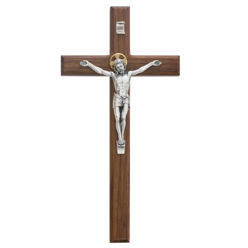 8" or 12" Beveled Walnut Cross with Silver Corpus and Gold Halo. Packaged in a  gift box. Ideal wedding or house warming present