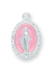 Double Sided Miraculous Medal. Miraculous Medal is sterling silver with an 18" genuine rhodium plated curb chain. Dimensions: 0.7" x 0.4" (17mm x 11mm). Weight of medal: 1.0  grams. Available in Sterling Silver, Blue or Pink enameled medal. Presents in a deluxe velvet gift box. Made in the USA