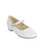 Girls matte white buckle shoe with mini heel. Shoe has a with a circle of rhinestones around the buckle for added decoration.