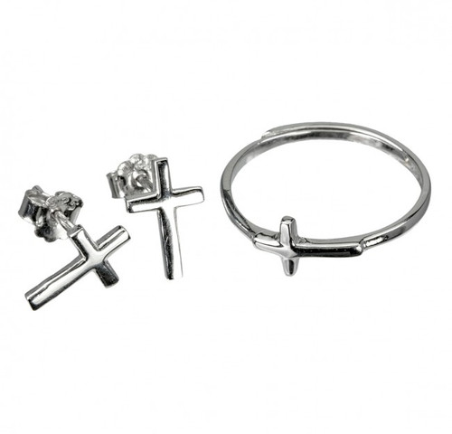 Sterling silver high polished cross earrings and sterling silver adjustable high polished cross ring. Earring and Ring Set come in a deluxe gift box. 