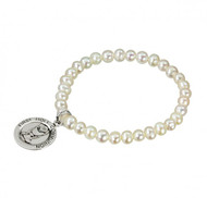 Freshwater Pearl 4mm Stretch Bracelet. Freshwater pearl bracelet has a first communion round sterling silver medal attached. This freshwater pearl 4mm stretch bracelet's overall length is 5"-5.5"5" and comes in a deluxe velvet box. Made in the USA