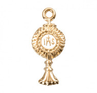 16k Gold over .925 Sterling Silver Monstrance Lapel Pin. Dimensions: 0.8" x 0.4" (16mm x 9mm). 16k Gold over .925 Sterling Silver Monstrance Lapel Pin comes in a deluxe velvet gift box.  Made in USA.