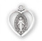 Sterling Silver Miraculous Medal in Heart.  Oval shaped pendant set inside a heart. Medal comes on a 18" genuine rhodium plated curb chain. Dimensions: 0.6" x 0.4" (14mm x 11mm). Weight of medal: 1.0 Grams. Pendant presents in a deluxe velour gift box. Made in USA.