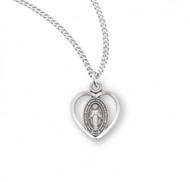 Sterling Silver Miraculous Medal in Heart.  Oval shaped pendant set inside a heart. Medal comes on a 18" genuine rhodium plated curb chain. Dimensions: 0.6" x 0.4" (14mm x 11mm). Weight of medal: 1.0 Grams. Pendant presents in a deluxe velour gift box. Made in USA.