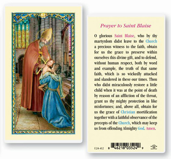 Prayer to St Blaise Laminated Holy Card, Patron of Throat Diseases St