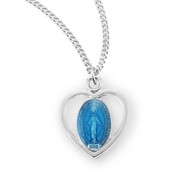Sterling Silver Enameled Heartshaped Miraculous Medal. Blue or Pink enameled oval shaped pendant set inside a sterling silver heart. Medal comes on a 18" genuine rhodium plated curb chain. Dimensions: 0.6" x 0.4" (14mm x 11mm). Weight of medal: 1.0 Grams. Pendant presents in a deluxe velour gift box. Made in USA.
