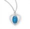 Sterling Silver Enameled Heartshaped Miraculous Medal. Blue or Pink enameled oval shaped pendant set inside a sterling silver heart. Medal comes on a 18" genuine rhodium plated curb chain. Dimensions: 0.6" x 0.4" (14mm x 11mm). Weight of medal: 1.0 Grams. Pendant presents in a deluxe velour gift box. Made in USA.