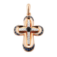 Rose Gold over Sterling Silver Cross. Rose gold cross has blue, black and  crystal CZ stones. Cross comes on an 18" chain. A deluxe gift box is included. Made in the USA