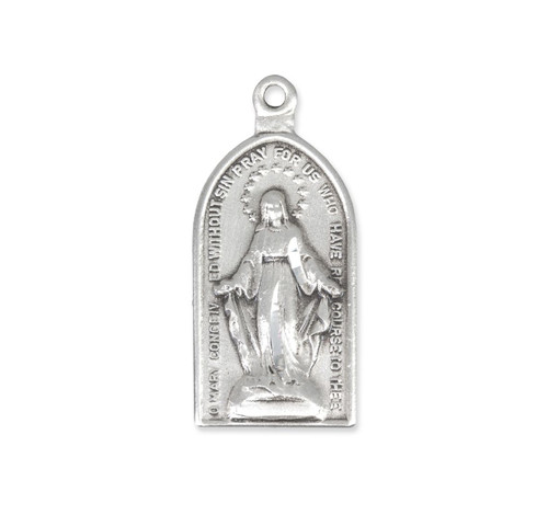 Sterling Silver Arched Miraculous Medal pendant. Medal comes on a 18" genuine rhodium plated curb chain. Arched Miraculous Medal Pendant presents in a deluxe velour gift box. Made in USA
