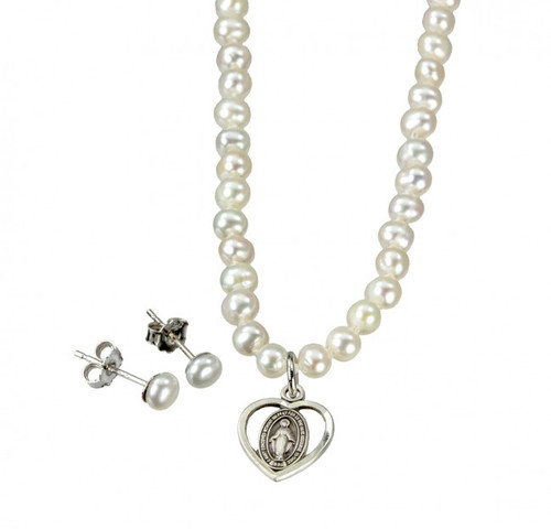 Freshwater pearl 4mm 16" necklace. The necklace includes a small miraculous medal in solid .925 sterling silver.  This freshwater pearl 4mm bead necklace and earrings set comes in a deluxe velvet box. Made in the USA