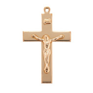 16kt Gold over Solid Sterling Silver High Polish Crucifix.  This High Polish crucifix comes on a 24" genuine gold plated curb chain.  Dimensions: 0.7" x 0.4" (18mm x 10mm). High Polish Crucifix comes in a deluxe velvet gift box. Made in USA.