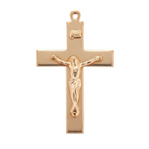 16kt Gold over Solid Sterling Silver High Polish Crucifix.  This High Polish crucifix comes on a 24" genuine gold plated curb chain.  Dimensions: 0.7" x 0.4" (18mm x 10mm). High Polish Crucifix comes in a deluxe velvet gift box. Made in USA.