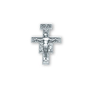 Sterling Silver San Damiano Cross Lapel Pin. Dimensions: 0.5" x 0.5" (13mm x 13mm). Sterling Silver San Damiano Cross Lapel Pin comes in a deluxe velvet gift box and is made in USA.