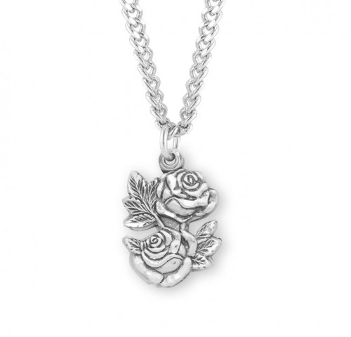 Sterling Silver Double Slide Rose Bud Miraculous Medal. Double Slide Rose Bud Miraculous Medal comes on a 24" genuine rhodium plated curb chain.  Pendant presents in a deluxe velour gift box. Made in USA.