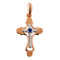 Rose Gold and  Silver Two Tone Cross with Blue CZ Center Stone. Rose gold cross has blue, black and  crystal CZ stones. Cross comes on an 18" chain. A deluxe gift box is included. Made in the USA