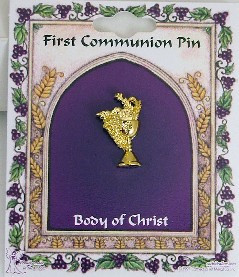 Gold-plated Chalice Lapel Pin with Wheat & Grapes.  The chalice, grapes and wheat are the physical elements of the Holy Eucharist and this three dimensional brass First Communion pin truly emphasizes these special symbols. Measuring about 1/2"W x 3/4" tall the First Communion pin with chalice and grapes is the perfect finishing touch to a First Communion dress or suit. Individually Carded
