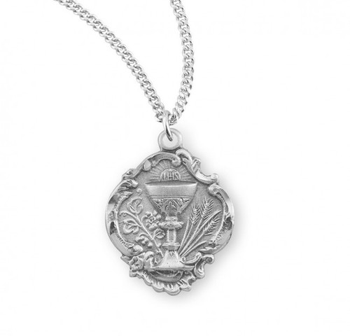 3/4" Sterling Silver Baroque Style Chalice Pendant. Baroque style pendant comes on an 18" genuine rhodium plated curb chain. A deluxe velour gift box is included. Dimensions: 0.7" x 0.6" (19mm x 16mm).   Made in USA.