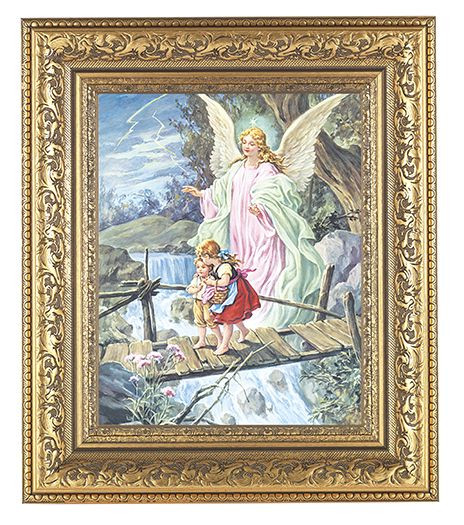 Guardian Angel on Bridge Picture in a Detailed Ornate Gold Leaf Antique Frame.  Prints are backed with sturdy artboard, and then set in a wood frame, ready for hanging.
Italian Lithograph Under Glass. Print Size: 8" x 10".  Overall Dimensions:12-1/2" x 14-1/2"